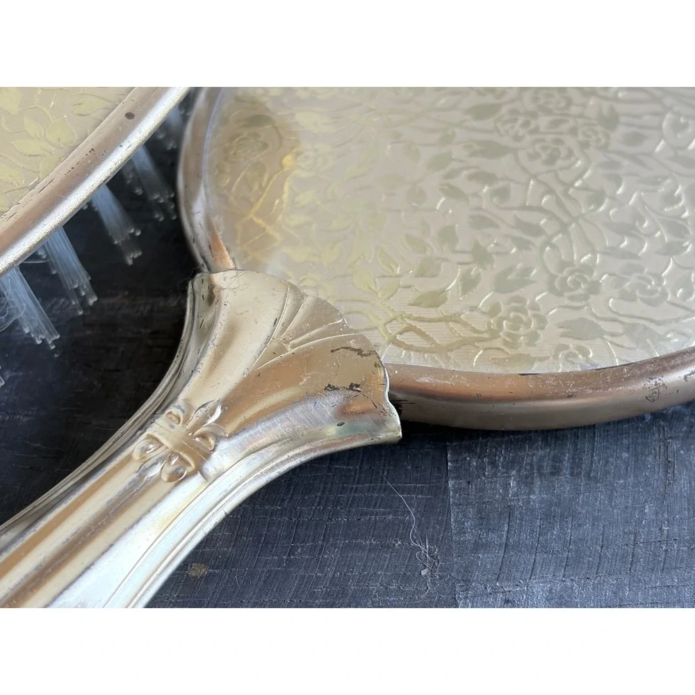 Vintage Gold Tone Floral Vanity Set Hand Mirror Hairbrush Compact 3 Piece Set
